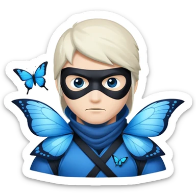 Crea una imagen con estos dos emoji 🥷🏻🦋
él ninja de piel blanca con la mariposa azu posada en el hombro como si estuviera volando. sticker