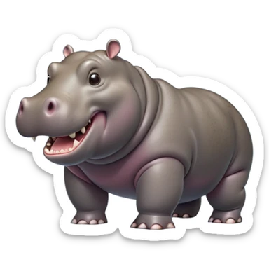 cinematic-hippo-realistic-full-body side view-standing on all fours-emoji,-massive-round-frame,-wide-mouthed-grin-exposing-huge-teeth,-head-tilted-dramatically,-thick-greyish-brown-hide-glossy-from-water,-simplified-yet-realistic-focused-features,-highly-detailed,-glowing-with-an-almost-sarcastic-glow showing only 4 theeth sticker