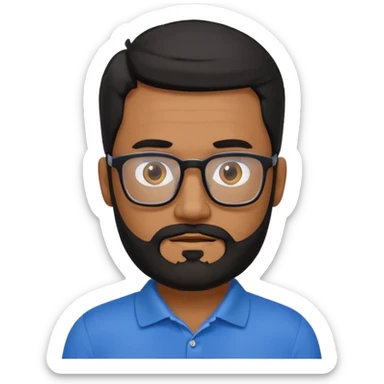 A tanned 50year old bearded man with black hair wearing glasses and a blue polo sticker