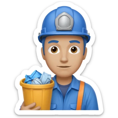 blue garbage man with blue helmet holding garbage  sticker