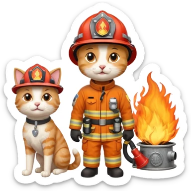 cat on the fire and firefighter dog help sticker