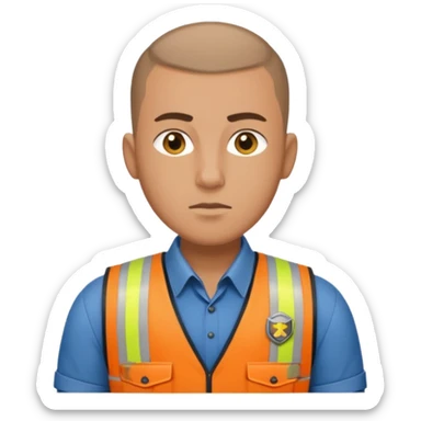 Security guard with buzzcut, vest on with button up underneath sticker