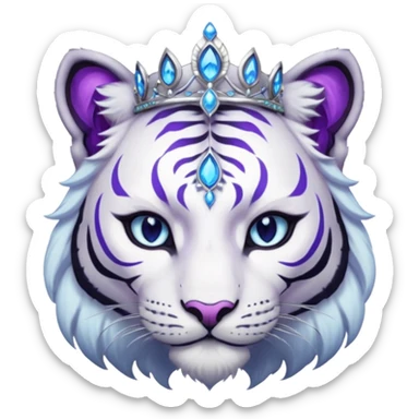 ESO Female white/black tiger khajiit leader of the umbral rose, glowing blue eyes, glowing blue 'third eye' gem; beautiful desined purple gemmed silver tiara sticker