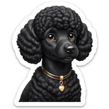 Cinematic Noble Black Poodle Portrait Emoji, Poised and regal, with a refined, elegant build and a meticulously groomed, curly jet-black Fur, deep-set soulful dark eyes, Simplified yet sharp and sophisticated features, highly detailed, glowing with a soft, dignified glow, high shine, intelligent and graceful, stylized with an air of sophistication, focused and attentive, soft glowing outline, capturing the essence of a watchful and confident companion, so majestic it feels as though it could prance out of the screen with effortless authority! sticker