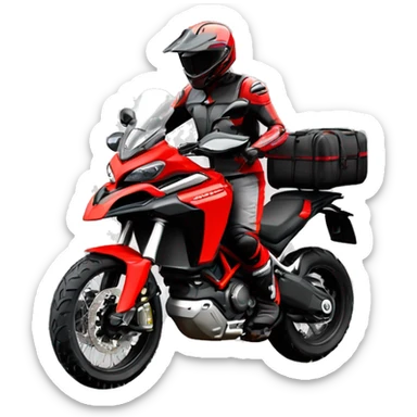 Moto todoterreno Ducati multistrada enduro roja y negra con bolsas laterales y manchas de barro en el depósito y las ruedas. Piloto con casco gris sin barba. sticker