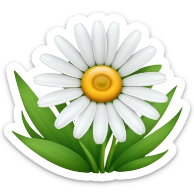 A delicate white daisy with a bright yellow center, standing gracefully in a green meadow. Its petals are fresh and slightly curved, gently swaying in the breeze under the warm sunlight, creating a serene and peaceful atmosphere sticker