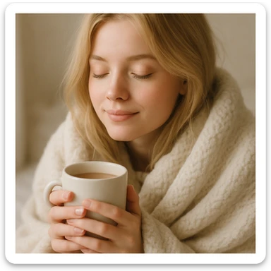 blonde girl wrapped in a blanket, holding a coffee mug, eyes gently closed, peaceful vibe, soft and cozy style sticker
