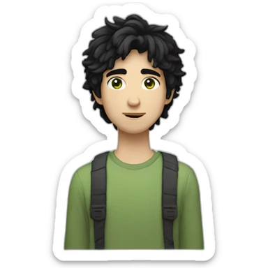 A 24 year old white male with jet black hair that is short and shaggy, light greenish eyes, square face with a mildly feminine vibe sticker