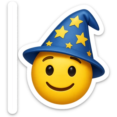 yellow face with blue wizard hat and stars, digital illustration, emoji style sticker