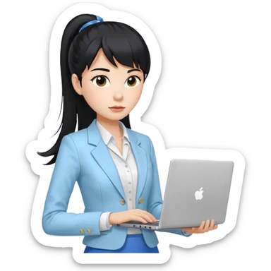 Januari – Cewe Ambisius Kulit putih cerah, rambut hitam panjang diikat ponytail tinggi rapi, poni tipis. Pakai blazer putih terang + inner biru muda, rok atau celana bahan putih. Lagi pegang laptop , ekspresi fokus dan tegas. sticker