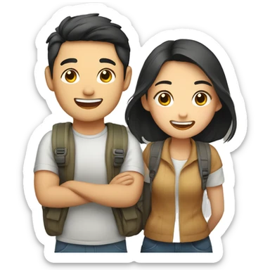 Cute young  Asian couple excitedly traveling  sticker