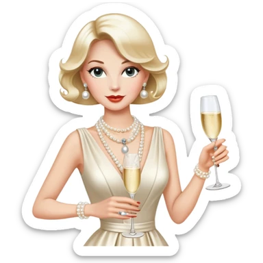 Elegant Western socialite with designer clothes, pearl necklace, champagne glass, luxury lifestyle sticker