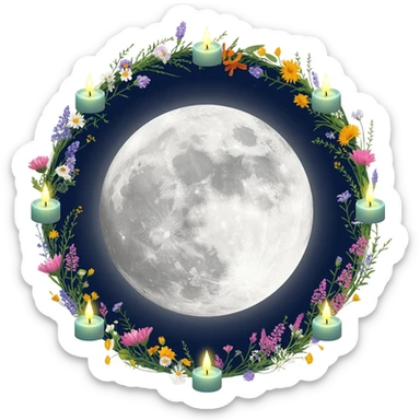 full moon with flowers and candles surrounding it. sticker