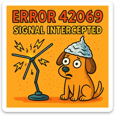 comical error screen labeled 'Error 42069' and 'Signal Intercepted', with a dog wearing a tinfoil hat next to a broken antenna, whimsical style sticker