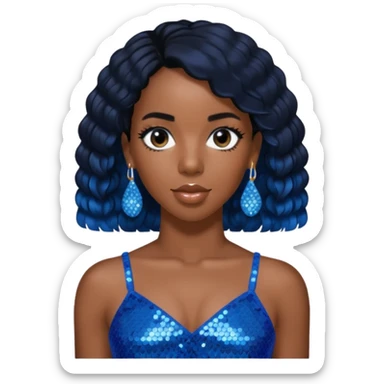 Kelly Rowland with black hair, blue sequin crop top, blue earring sticker