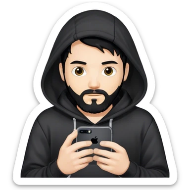 hackeur blanc cheveux noir barbe et capuche noir avec un iphone 16 pro sticker