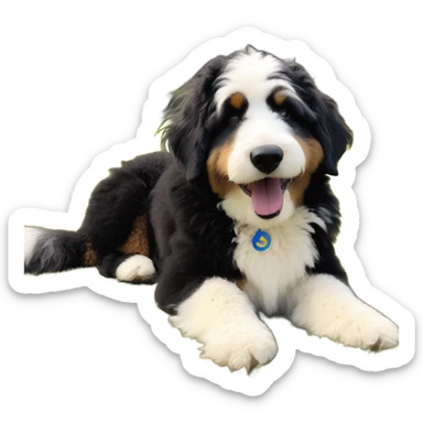 fluffy dog enjoying the sun tri color bernedoodle sticker