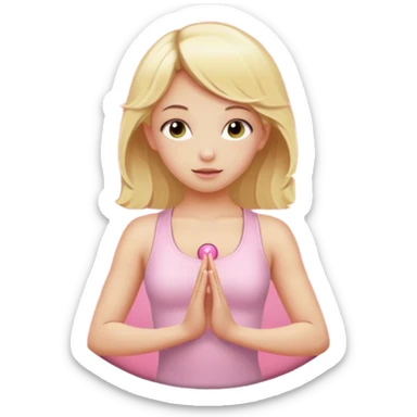 angelic blonde girl in light pink yoga outfit pushing "FUCK" pink button sticker