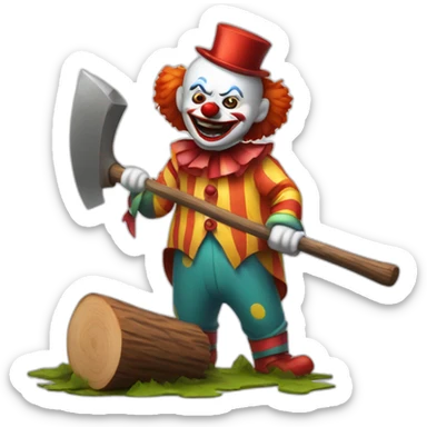 a scary clown chopping wood with a sharp hatchet sticker