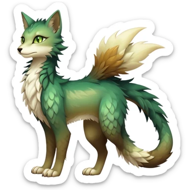Kawaii dark edgy fantasy ethereal feline-vernid-sergal-fursona animal creature with a tufted tail full body, brown fur, with gradient beige-white intricate markings, hazel-gold-green eyes sticker