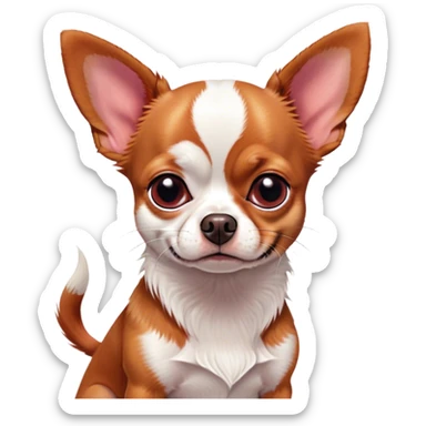 Cinematic Grumpy Red/White Short Haired Chihuahua Portrait Emoji, Head tilted slightly with a deeply unimpressed expression, thick red and white fur with bold patches, large, droopy dark eyes narrowed into an unamused glare, ears slightly drooping in exasperation, Simplified yet comically expressive features, highly detailed, glowing with a dry, sarcastic glow, high shine, effortlessly judgmental yet dignified, stylized with a touch of cynicism, bright but brooding, soft glowing outline, capturing the essence of an eternally unimpressed yet endearing pup, so lifelike it feels like it could sigh heavily at you in disdain at any moment! sticker