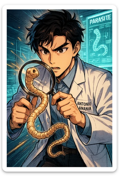 A dynamic manga/webtoon-style illustration of a young male kinesiologist wearing a clean white lab coat, analyzing light beige worms like a tapeworm under a magnifying glass. His expression is focused and slightly intrigued, with sharp, detailed eyes. The art style is vibrant, with bold linework, rich colors, and dramatic lighting. The background is a futuristic laboratory with glowing holographic screens displaying parasite data. The tapeworm is intricately drawn, slimy and segmented, with a slightly exaggerated yet realistic texture. The composition is dynamic, with motion lines or energy effects to emphasize his scientific investigation. The atmosphere is intense but not dark, keeping a balance between scientific seriousness and stylish manga aesthetics, he has "ANTONIO ANANIA" WRITTEN ON WHITE LAB COAT sticker
