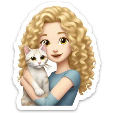 Curly hair hair blonde pale skin cuddling with domestic shorthair sticker