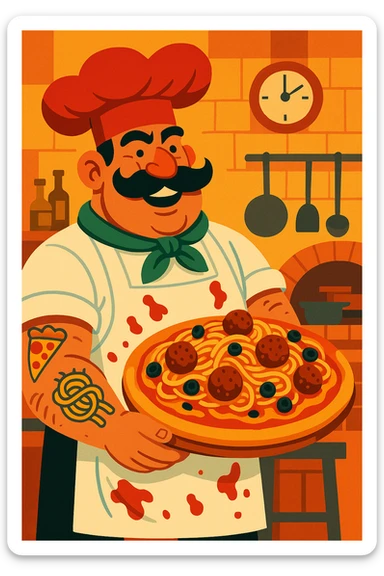 A tall, burly Italian chef with a thick black mustache and a big red chef hat, wearing a white apron stained with tomato sauce. He’s holding an oversized, loaded pizza topped with spaghetti, meatballs, and olives. His tattooed arms show pizza and pasta motifs. Colorful and cartoonish style with exaggerated features and a lively Italian kitchen background. sticker