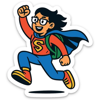 student in superhero costume, dynamic pose sticker