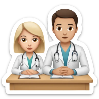 un medico y su paciente, sentados en una mesa  sticker