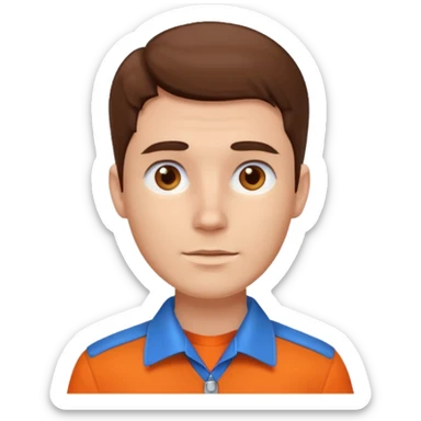 male, white skin, brown hair, brown eyes, orange shirt and blue collarbone, no wrinkles sticker