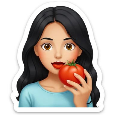 Pretty tanned girl with long black hair, eating tomatoes sticker