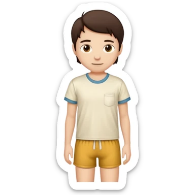 Pajamas with dark brown shorts and a light cream T-shirt sticker