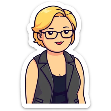 Plus size blonde person with glasses wearing a stylish vest sticker