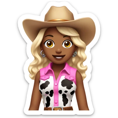 Cute cowgirl with shiny cow print outfit and pink cowgirl boots smiley face earrings and pink cowboy hat  sticker