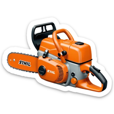 Kettensäge vom STIHL mit grauem Gehäuse, orangenem Deckel und schwarzen Griffen, die Schiene ist Grau, nicht Orange, mit Kette in Grau, seitlich ist das STIHL Logo in weißer Schrift in einem orangenem Kreis platziert sticker