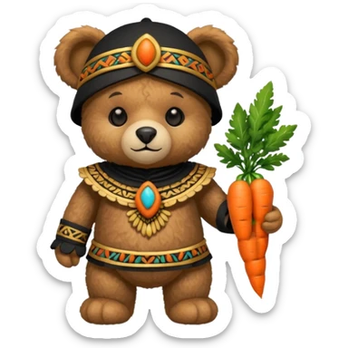 teddy bear, wearing black mayan ancient custome, with carrot half body sticker