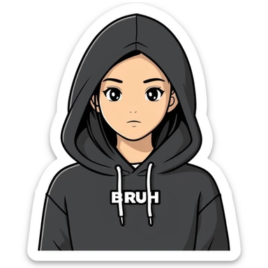 A young lady with straight hair wearing a sweater hoodie that’s black and there’s words on the sweater they say Bruh sticker