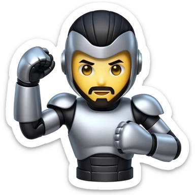 AI robotic fighter emoji, metallic face, punching glove, cyber glow, trimmed beard, medium-length black hair, short sides, hair forward. sticker