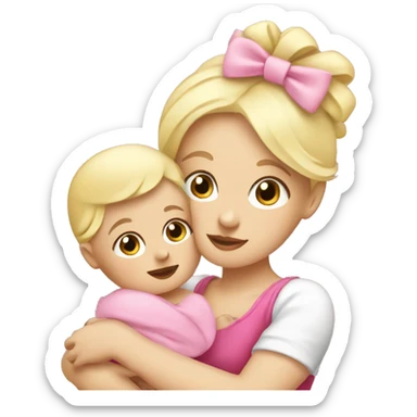 white blonde woman cuddling baby with big pink bow on her head sticker