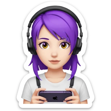 Gamer Girl with black Headset + Purple Hair, white T-shirt sticker
