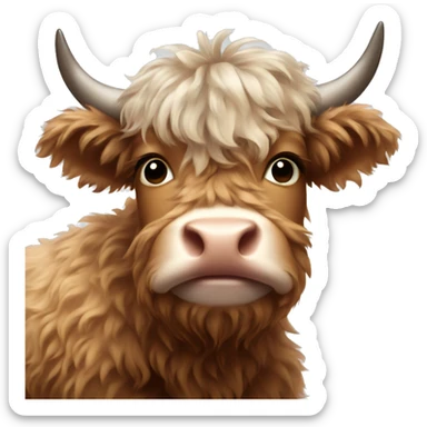 brown fluffy baby scottish cow with a spiderweb between horns sticker