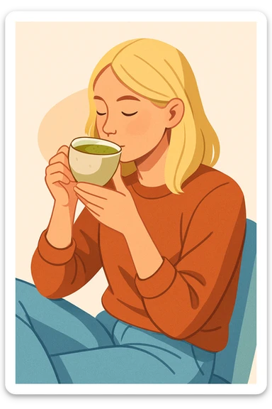 blonde girl drinking matcha, modern illustration style sticker