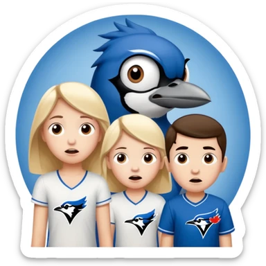 two terrified children, one tall gire and one little boy watching blue jays game sticker