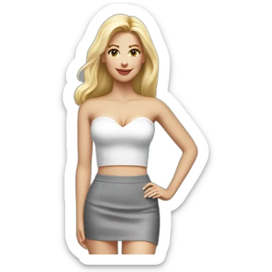 hyperrealistic caucasian long blonde woman white v-neck strapless gray tight mini skirt sticker