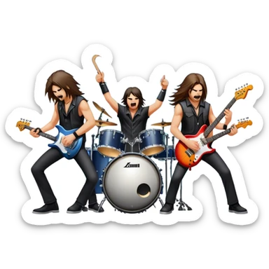 Icon for Heavy Metal Music: 4 men band on stage with electric guitars, drums and intense lighting. 4 Musicians headbanging, surrounded by energy and stage effects, capturing the power and intensity of a metal concert. Transparent background. sticker