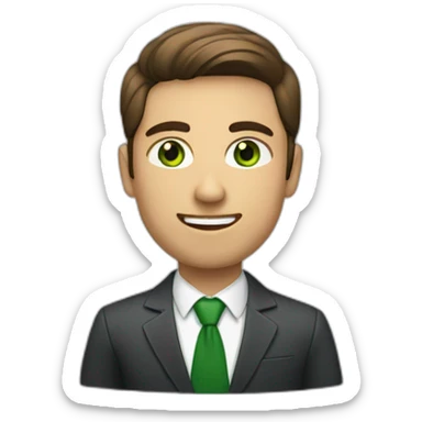 person with business style and serious and brown hairs and green eyes and smile sticker