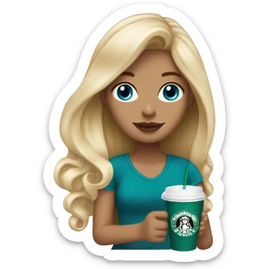 blonde girl blue eyes with Starbucks cup drink sticker