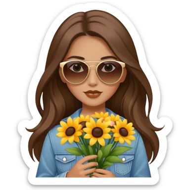 cool girl with long brown hair holding a bouquet of flowers, sunglasses, trendy sticker
