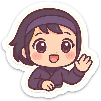 Kawaii chibi ninja girl with black short hair and a blonde streak, only head and arms, super cute, big sparkling eyes, rounder face, smaller mouth, extra soft colors, colorful chibi style, bold outlines, no mask, hand halfway up, smiling, sized for Twitch emoji use. sticker
